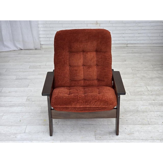 Mid-Century Modern Danish Armchair in Orange-Red Velour and Dark Oak Wood, 1970s For Sale - Image 3 of 17