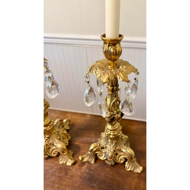 Ornate Gold Candle Holders With Crystal Prisms For Sale - Image 10 of 12