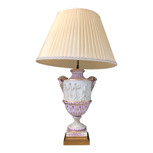 Antique English Painted Porcelain Figural & Mask Motif Table Lamp For Sale