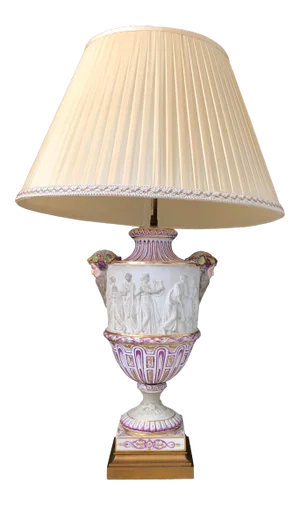 Antique English Painted Porcelain Figural & Mask Motif Table Lamp