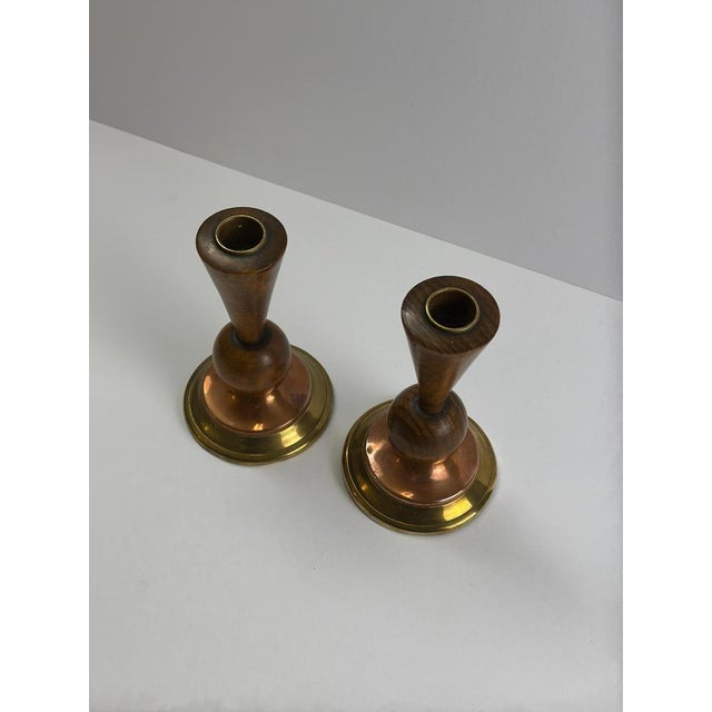 Metal Art Deco English Candlesticks in Hand-Turned Wood, Brass and Copper, 1930s For Sale - Image 7 of 10