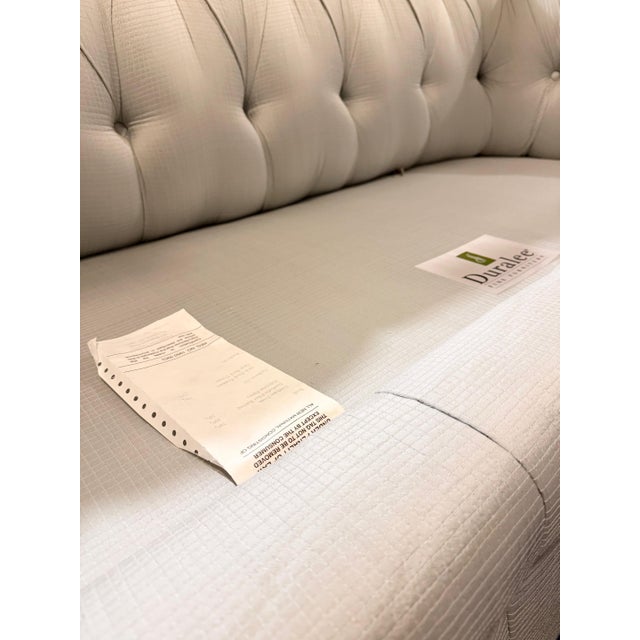 Custom Blue Tufted Sofa With Pleated Skirt For Sale - Image 14 of 15