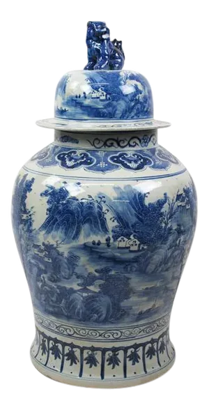 Chinese Blue & White Porcelain Ginger Jar With Foo Dog Lid