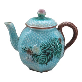 Antique England Majolica Basket Weave With Leaves Blue Teapot 7" Tall For Sale