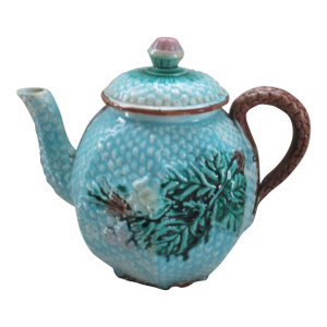 Antique England Majolica Basket Weave With Leaves Blue Teapot 7" Tall
