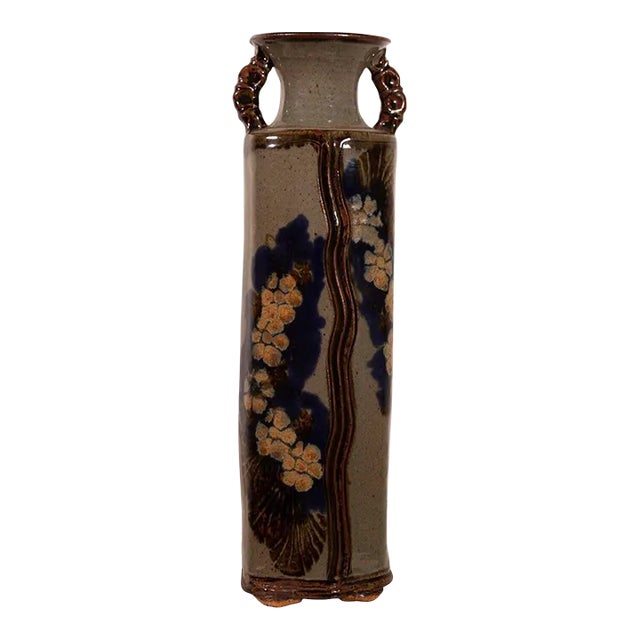 Late 20th Century Tall Glazed Pottery Decorative Floral Floor Double Handle Multicolor Vase For Sale