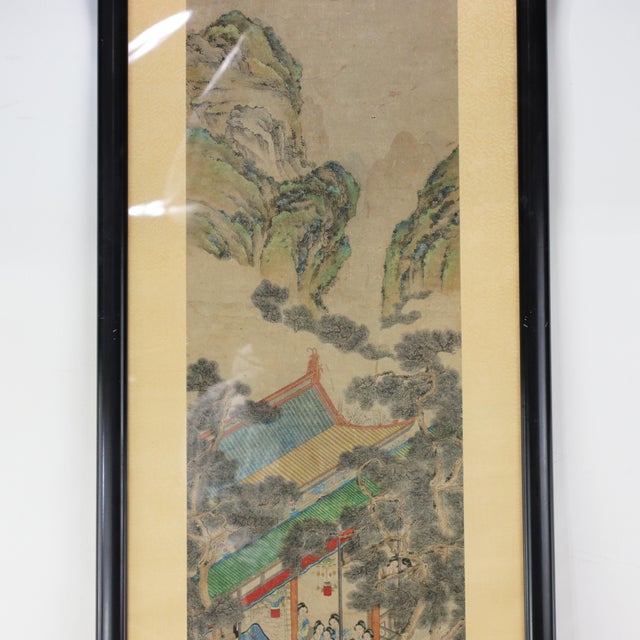 Chinese Vintage Chinese Framed Painting of Pavilion Garden Scene With Figures and Mountain Landscape For Sale - Image 3 of 10