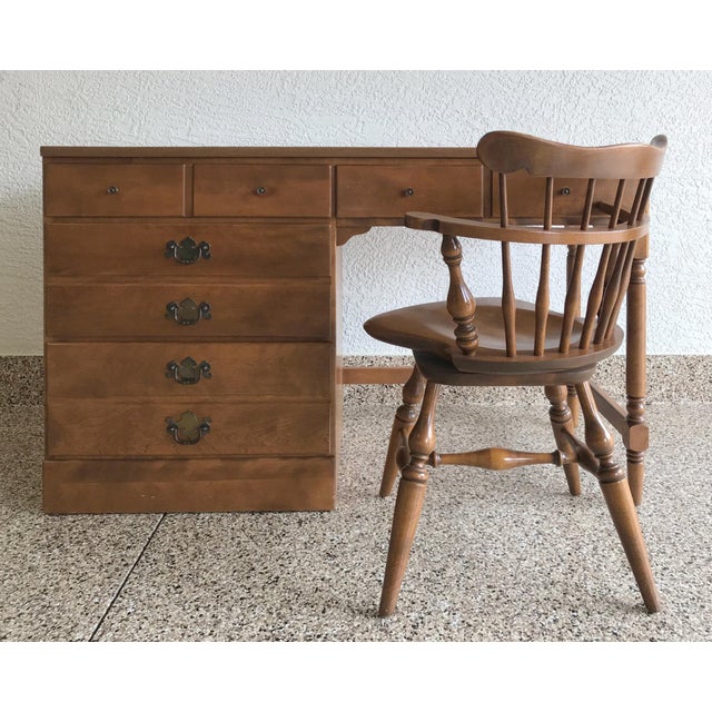Vintage Ethan Allen Wood Writing Desk With Side Drawers and Turned Wood