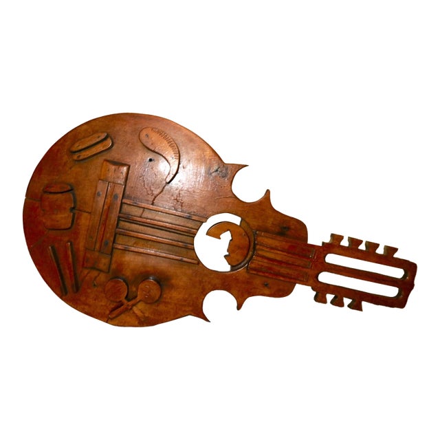 Huge 3.5 Foot Antique Hand Carved Wood Folk Art Guitar Music Bar Wall Trade Sign For Sale