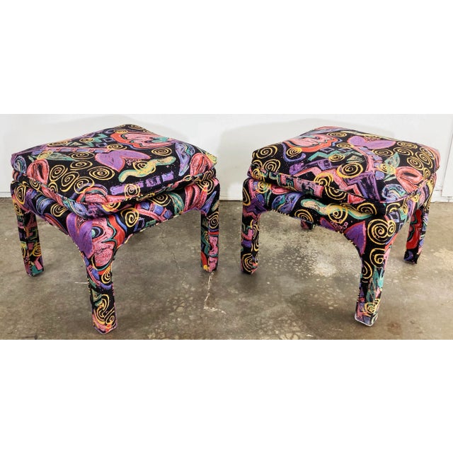 Mid 20th Century Vintage Postmodern Abstract Upholstered Parsons Stools, a Pair For Sale - Image 5 of 10