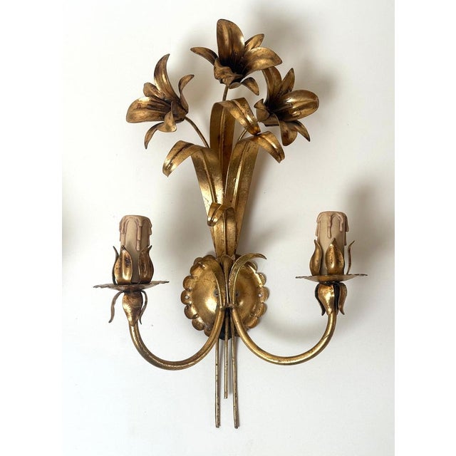 1980s Italian Hollywood Regency Gilt Lily Sconces by Passeri, 1980s, Set of 2 For Sale - Image 5 of 14