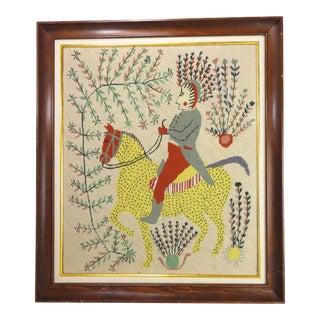 Vintage Folk Art Needlepoint Pennsylvania Dutch Faktur Style Fabric Wall Hanging For Sale