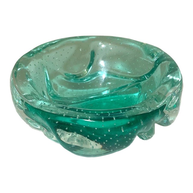 Vintage Hand Blown Elis Bergh Kosta Art Glass Cigarette Cigar Green Ashtray Bowl For Sale