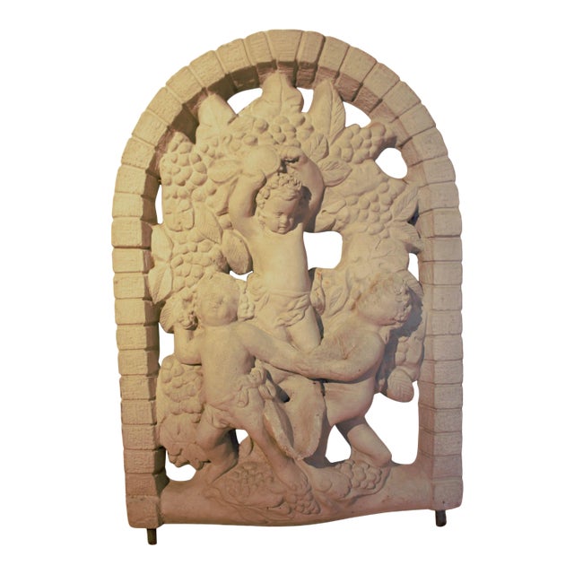 Vintage Arched Figural Cherub Wine Harvest Wall Plaque For Sale