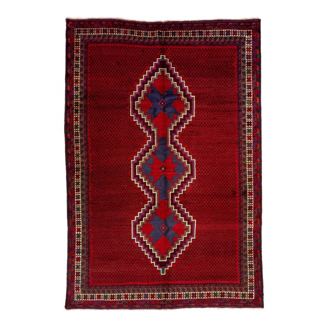 1960s Vintage Shiraz Red Handmade Wool Rug With Tribal Pattern For Sale