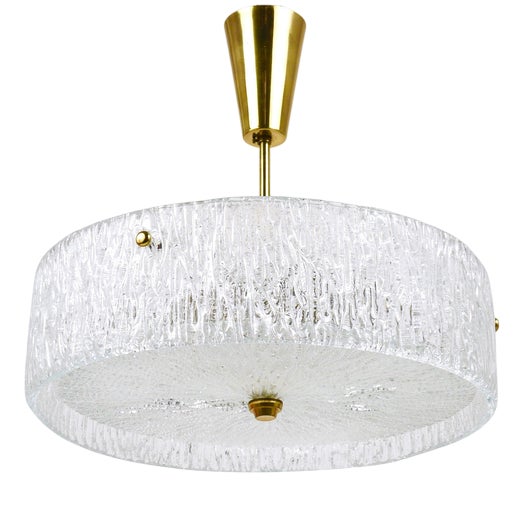 Round Textured Glass Ring & Brass Pendant Lamp attributed to J. T. Kalmar for Kalmar, 1950s For Sale