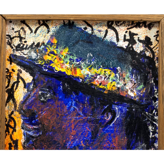Blue Pascal Cucaro Framed Portrait of Man With Hat Signed San Francisco For Sale - Image 8 of 8