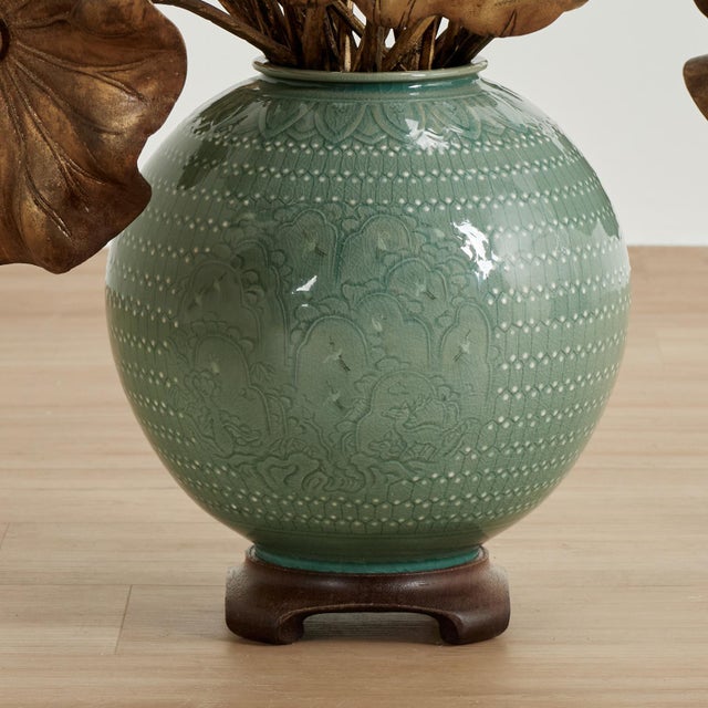 1960s Vintage Bouquet of Carved Wood Lotus Leaves in a Celadon Vase For Sale - Image 5 of 11