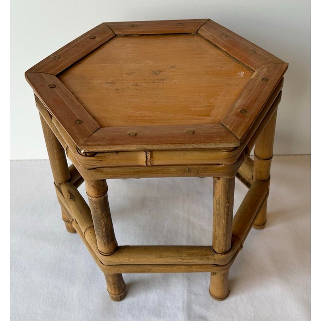 Boho Chic Vintage Hexagonal Bamboo Plant Stand/Stool/Riser For Sale - Image 3 of 6