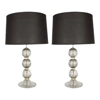 Art Deco Table Lamps -- Pair of 1930s Art Deco Handblown Ribbed & Smoked Glass Table Lamps With Brass Fittings For Sale