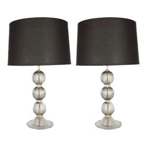 Art Deco Table Lamps -- Pair of 1930s Art Deco Handblown Ribbed & Smoked Glass Table Lamps With Brass Fittings