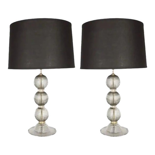Pair of 1930s Art Deco Handblown Ribbed & Smoked Glass Table Lamps With Brass Fittings For Sale