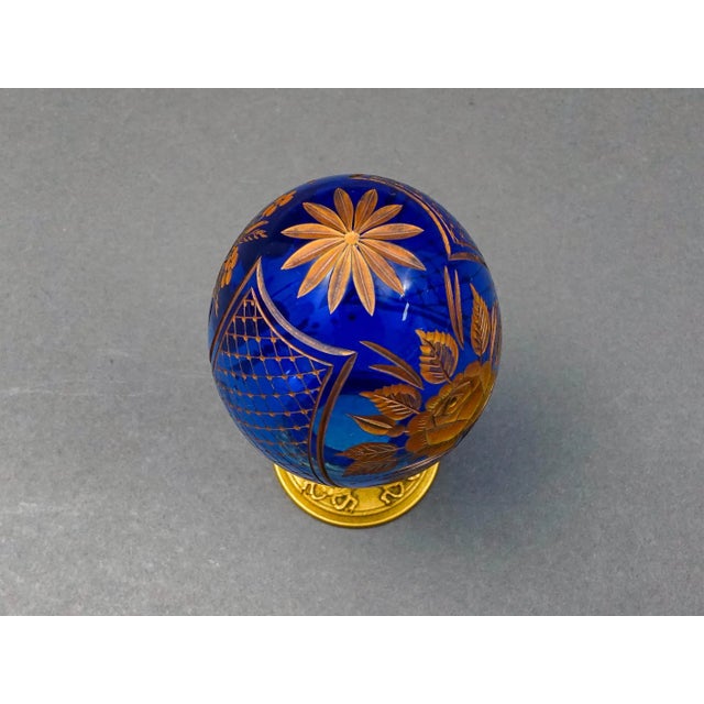 Mid 20th Century Mid 20th Century Faberge Cobalt Blue Cut Crystal Gold Gilt Rose Flower & Fruit Basket Egg #0681 For Sale - Image 5 of 8