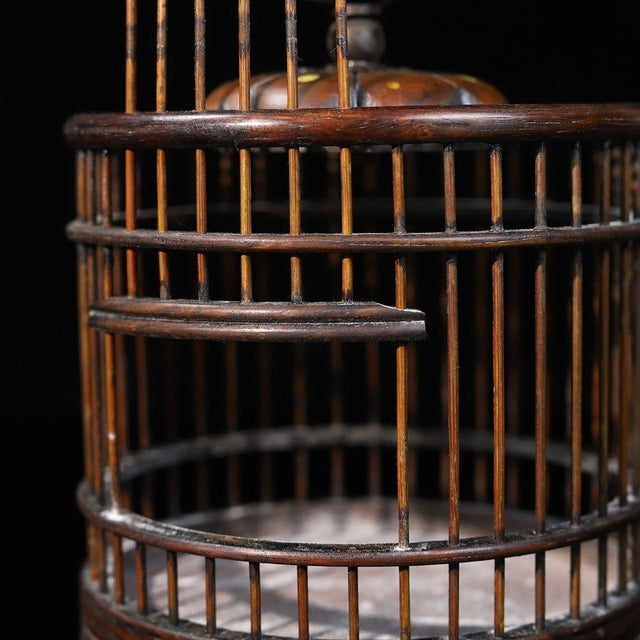 Brown Vintage Chinese Huali Rosewood Cricket Cage | Round Cage With Brass Hook & Inlay For Sale - Image 8 of 11