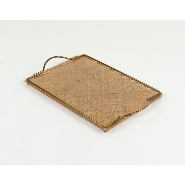 Gold Mid-Century Acrylic Glass, Rattan and Brass Serving Tray in the style of Christian Dior, Italy, 1970s For Sale - Image 8 of 13
