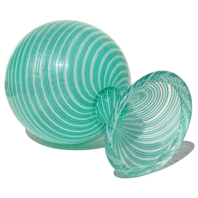 Murano Dino Martens Blue Green White Stripe Swirl Vintage Italian Art Glass Decanter Bottle Vase For Sale In Orlando - Image 6 of 9