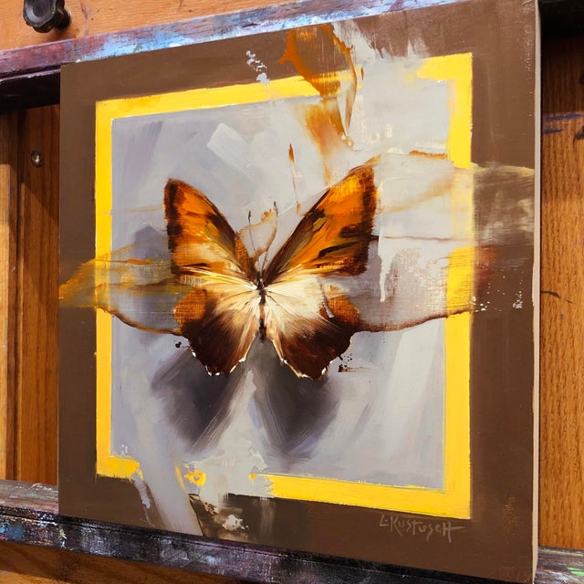 The Sunset Morpho on Shades of Slate & Umber by Lindsey Kustusch | Oil on wood panel Butterfly on a brown background For Sale