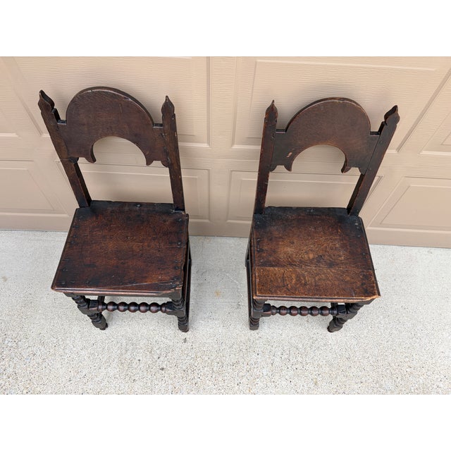 Brown 17th Century English Yorkshire Oak Backstool Chairs, a Pair For Sale - Image 8 of 17