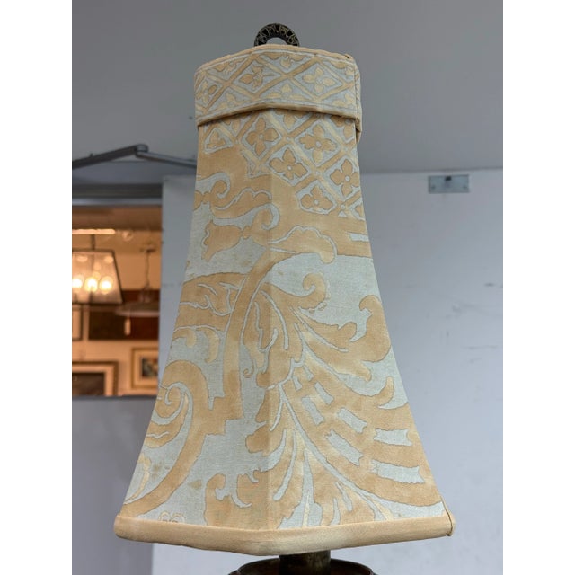 Early 20th Century Antique Half Floor Length Table Lamp of Solid Brass + Fortuny Shade For Sale - Image 5 of 12