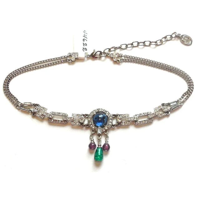 Silver plated choker necklace with clear crystals purple, blue and green stones 12" x 1", 2 1/2" extention