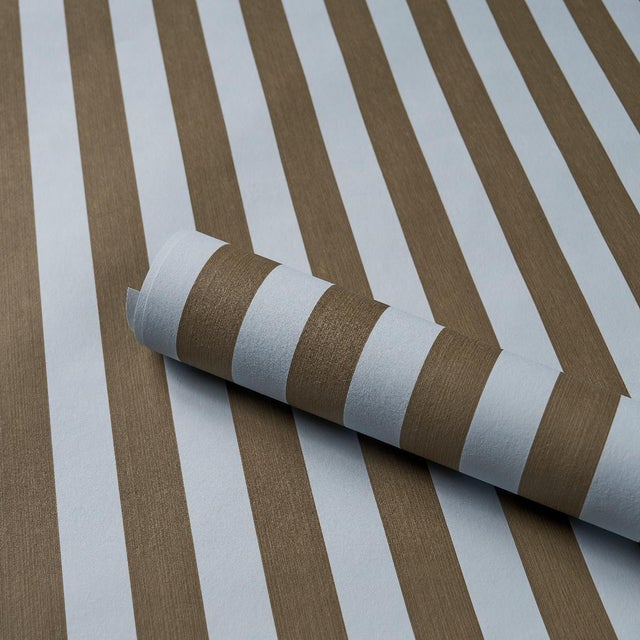 Transitional Schumacher Edwin Stripe Medium Wallcovering In Brown & Sky For Sale - Image 3 of 5