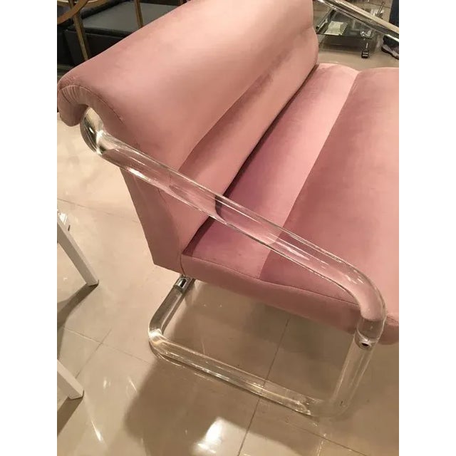Modern Lavender Velvet Lucite Chrome Settee Bench Signed Lion in Frost For Sale - Image 3 of 12