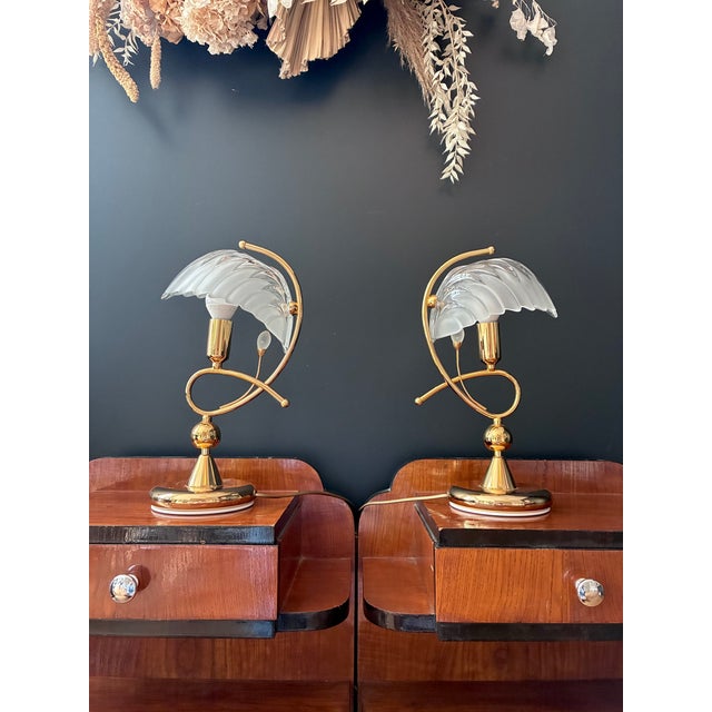Brass lamp bases and shell-shaped glass shades. In excellent condition – no damage. 1970s. Electrical connection checked...