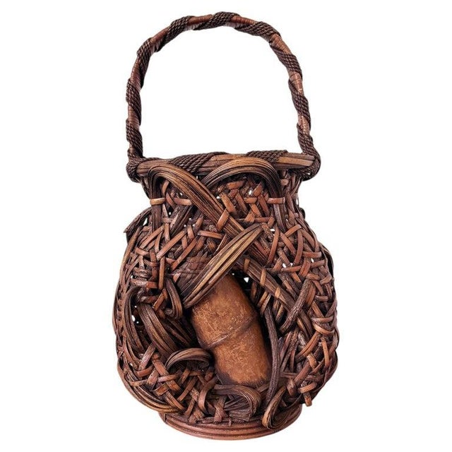Brown Large Antique Japanese Smoked Bamboo Basket Ikebana Mingei For Sale - Image 8 of 18