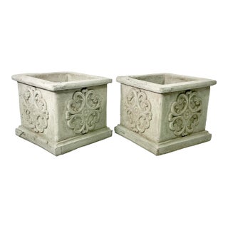 1989 Vintage Italian Florentine Style Medallion Reconstituted Stone Planters - A Pair For Sale