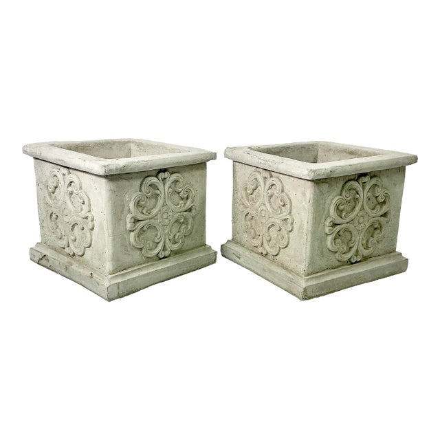 1989 Vintage Italian Florentine Style Medallion Reconstituted Stone Planters - A Pair For Sale