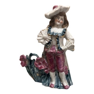 Vintage Hand-Painted Porcelain Dandy Figurine – Colonial Style Young Man Spill Vase / Match Holder For Sale