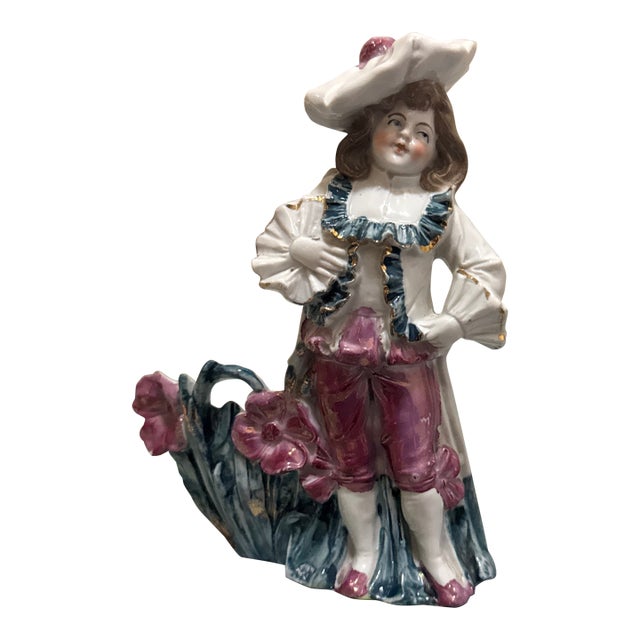 Vintage Hand-Painted Porcelain Dandy Figurine – Colonial Style Young Man Spill Vase / Match Holder For Sale