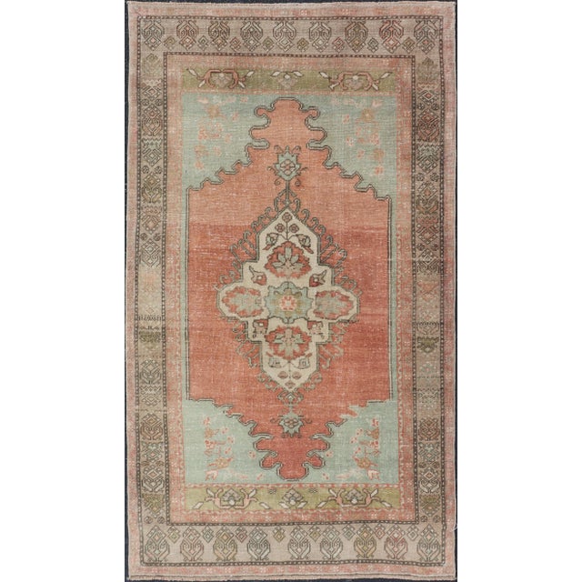 Vintage Turkish Oushak Rug With Medallion in Earthy Color Tones With Coral Color. Keivan Woven Arts / rug EN-14597,...
