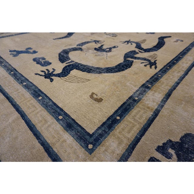 1880s Tan Beige Dragon Antique Chinese Ningxia Rug 9'x 11' 6" Handknotted Wool Carpet For Sale In New York - Image 6 of 8
