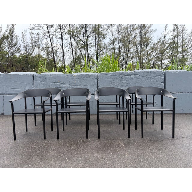 Set of Eight Attributed Artelano Black Leather Arm Chairs, Italy 1980s For Sale - Image 15 of 18