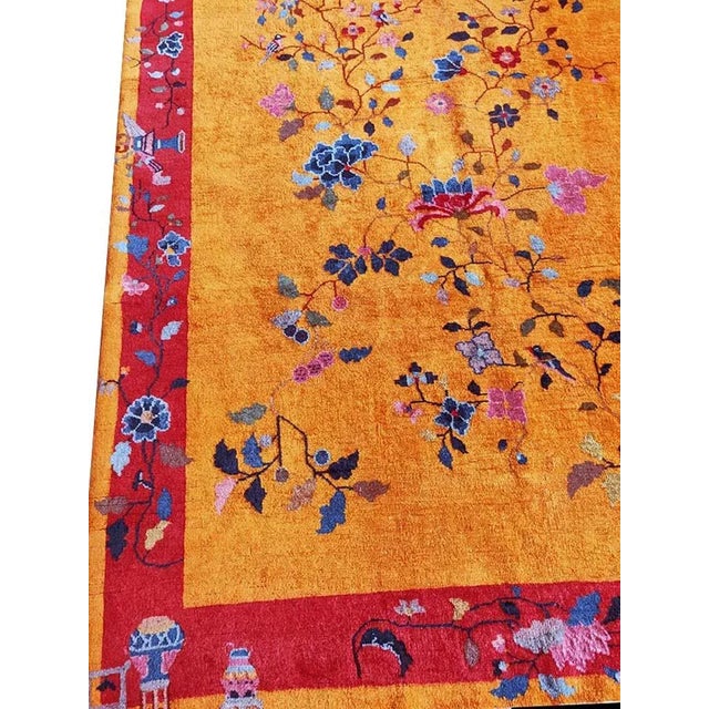 Art Deco 1920s Canary Yellow Floral Sprays Antique Chinese Art Deco Carpet 6'2" X 8'8" Knotted Wool Rug For Sale - Image 3 of 9