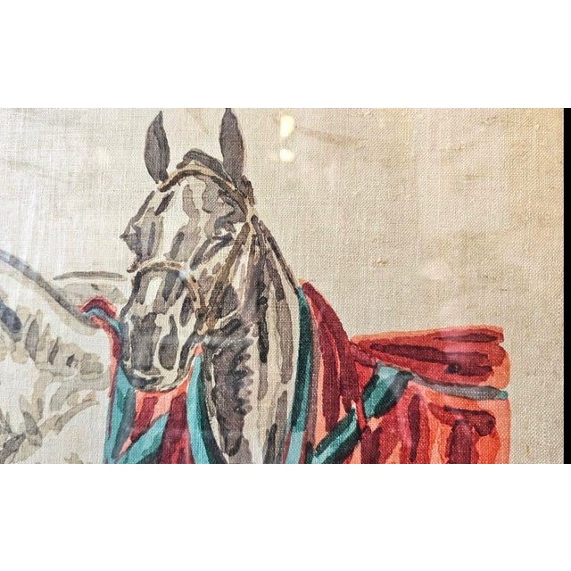 Wonderful vintage painting on linen of horses in an equestrian horse show setting.