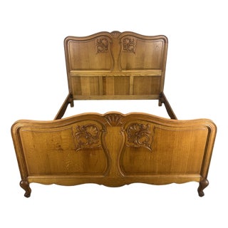 Vintage French Louis XVI Style Oak Double Bed Frame with Carved Headboard For Sale