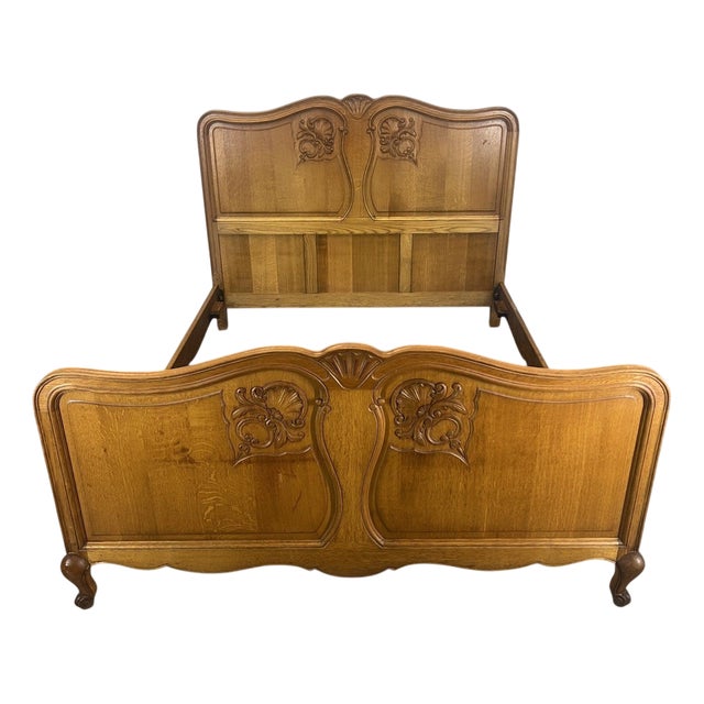 Vintage French Louis XVI Style Oak Double Bed Frame with Carved Headboard For Sale