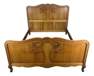 Vintage French Louis XVI Style Oak Double Bed Frame with Carved Headboard